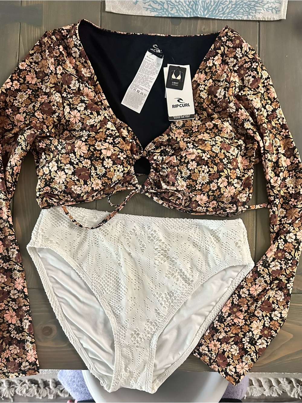 Rip Curl Brown Floral Long Sleeve Tie-Front Crop, two-piece bathing suit